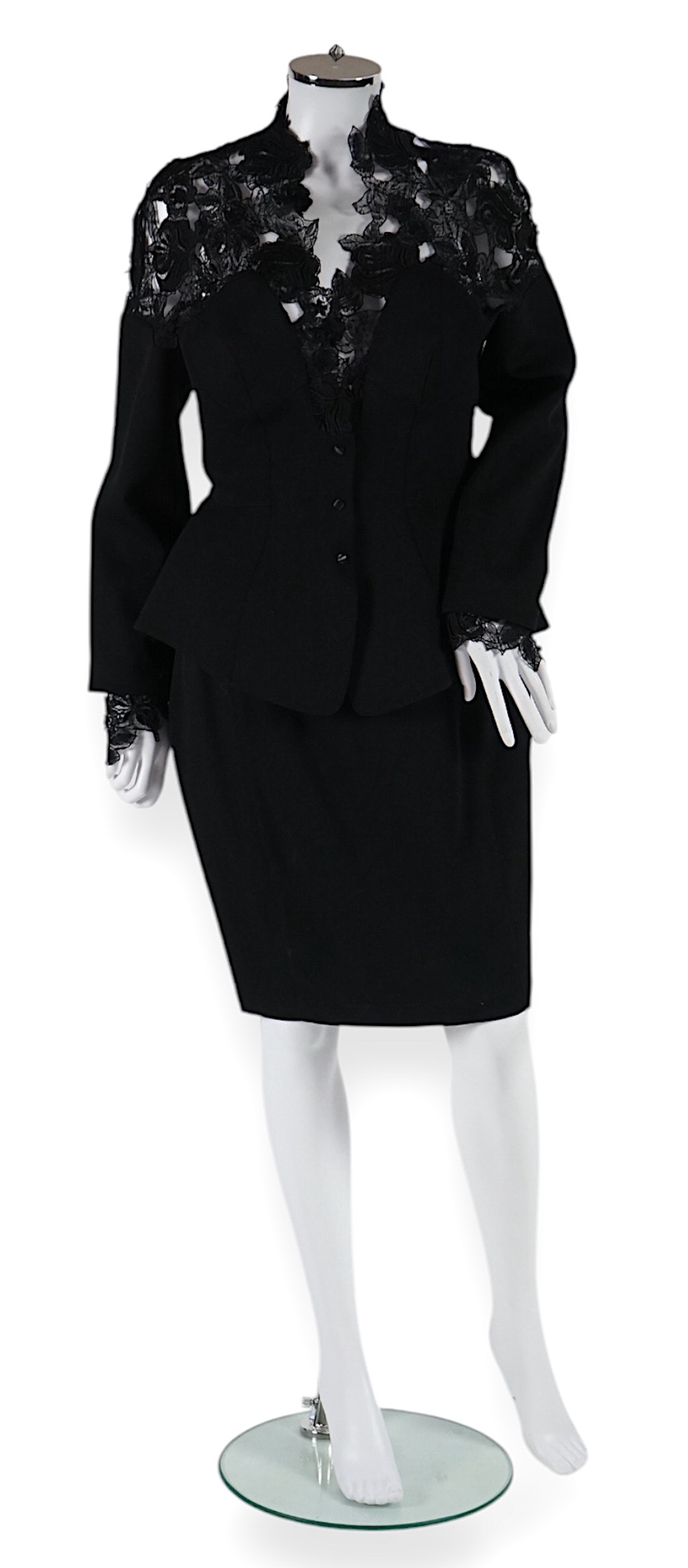 A vintage Thierry Mugler black skirt suit with lace detail Size 12-14